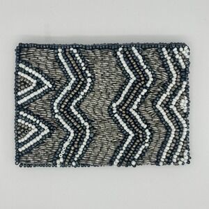 Small Beaded Clutch Gray Black White Geometric Zip Pouch Evening Bag